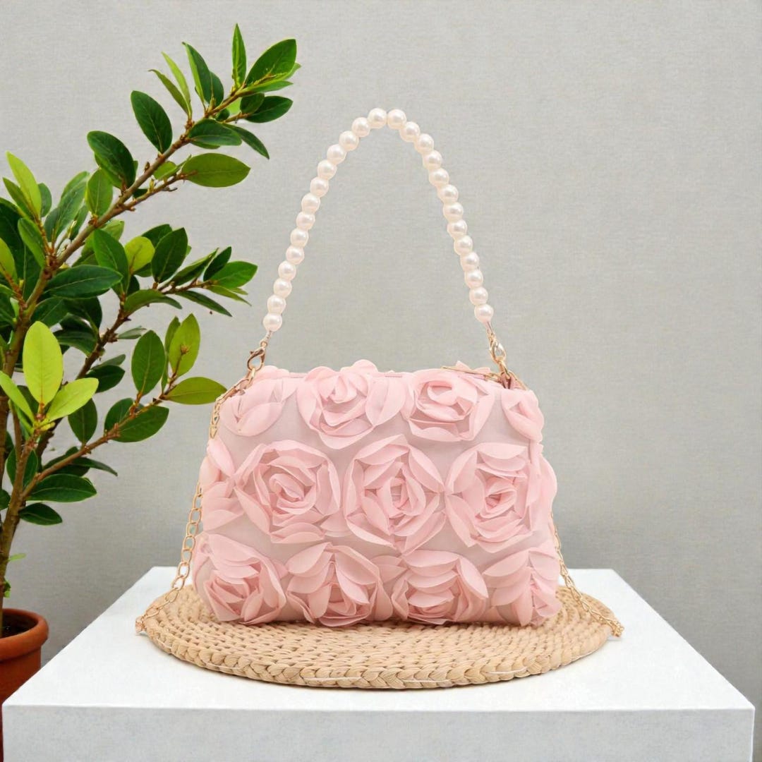 Pink Rose Flower Purse With Pearl Handle Elegant Floral Handbag for ...