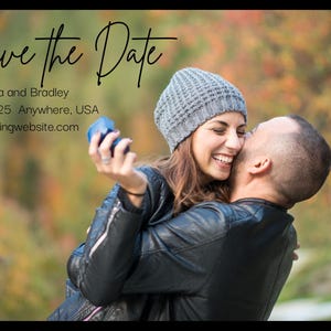 May include: Save the Date card with a couple embracing in a fall setting. The text reads "Save the Date", "Sara and Bradley", "12/21/2025 Anywhere, USA", and "weddingwebsite.com".