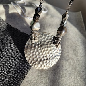 Boho Hammered Metal Pendant Necklace with Black Cord, Unique Ethnic Inspired Statement Jewelry