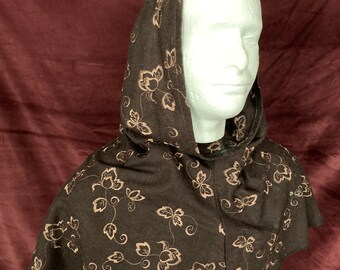 Hood Cowl cloak wool hood, SCA pagan garb Larp, capelet, renfaire medieval cowl hood chocolate brown embroidered