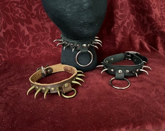 Spiked collar, O ring BDSM play collar, cat claw bulldog style punk, genuine Leather, Fetish, slave sub goth festival rave necklace choker