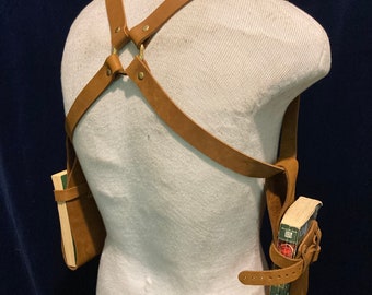 Book holster suspender harness, book harness, book holster harness, Caleb widogast, critical role Cosplay, Leather harness for books