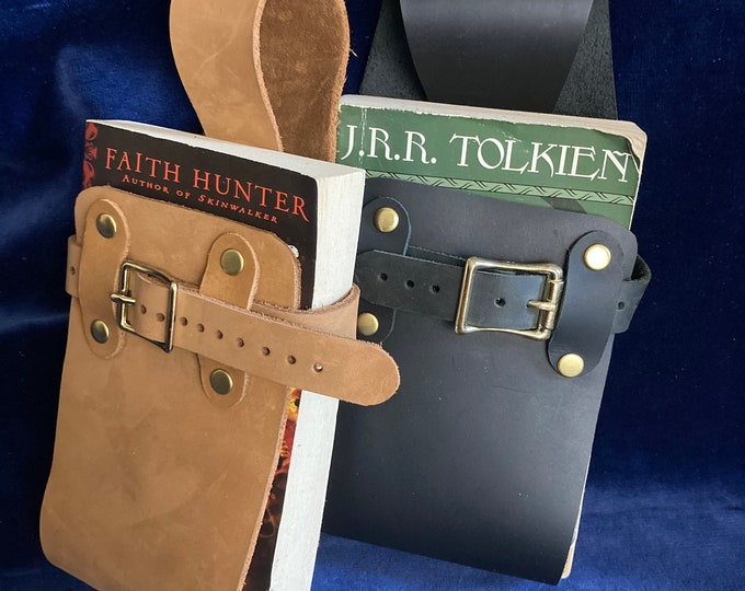 Featured listing image: Book holster, belt book holder, leather scrap book cover, Belt scabbard paperback, trade paperback books, Renfest, RenFaire, Reader gift