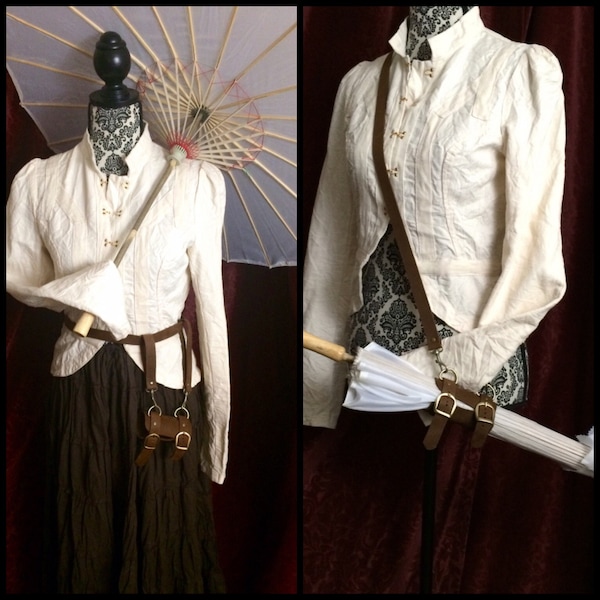 Parasol Holster with NO PARASOL -Black or Brown leather holster, shoulder strap or Belt loops, brass/antique brass/silver, Ren faire cosplay