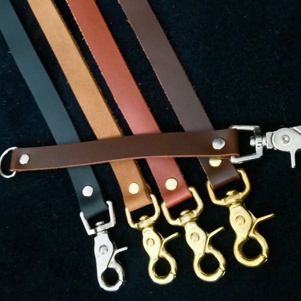 Purse Strap Extender, genuine leather bag strap lengthener, 3/4 inch wide, brass or silver scissor snap and D ring. Many lengths and colors