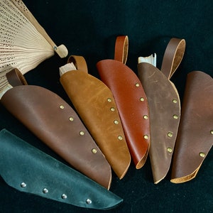 Fan Holster, Belt holster & fan, genuine leather fan sheath, for Renfaire, 2 options hangs on belt or snaps. Sandalwood fan Included image 5