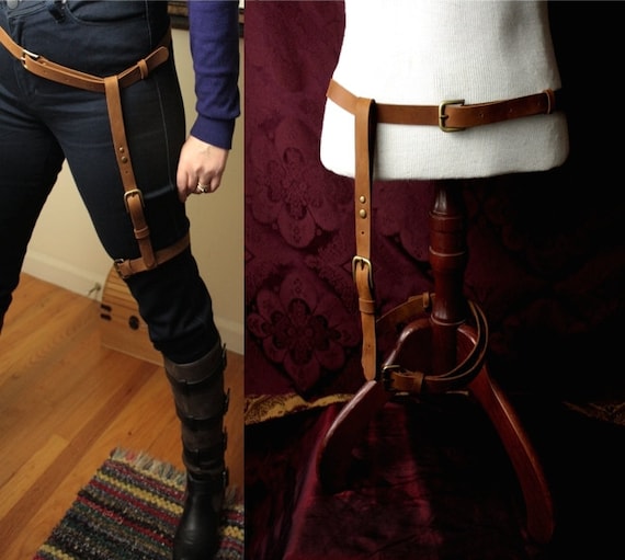 Leg Harness and Belt, Steampunk Wasteland Leather Adjustable Garter/ Holster  & Belt Brown, Black, Leather/ Brass Antique Brass Solo Costume 