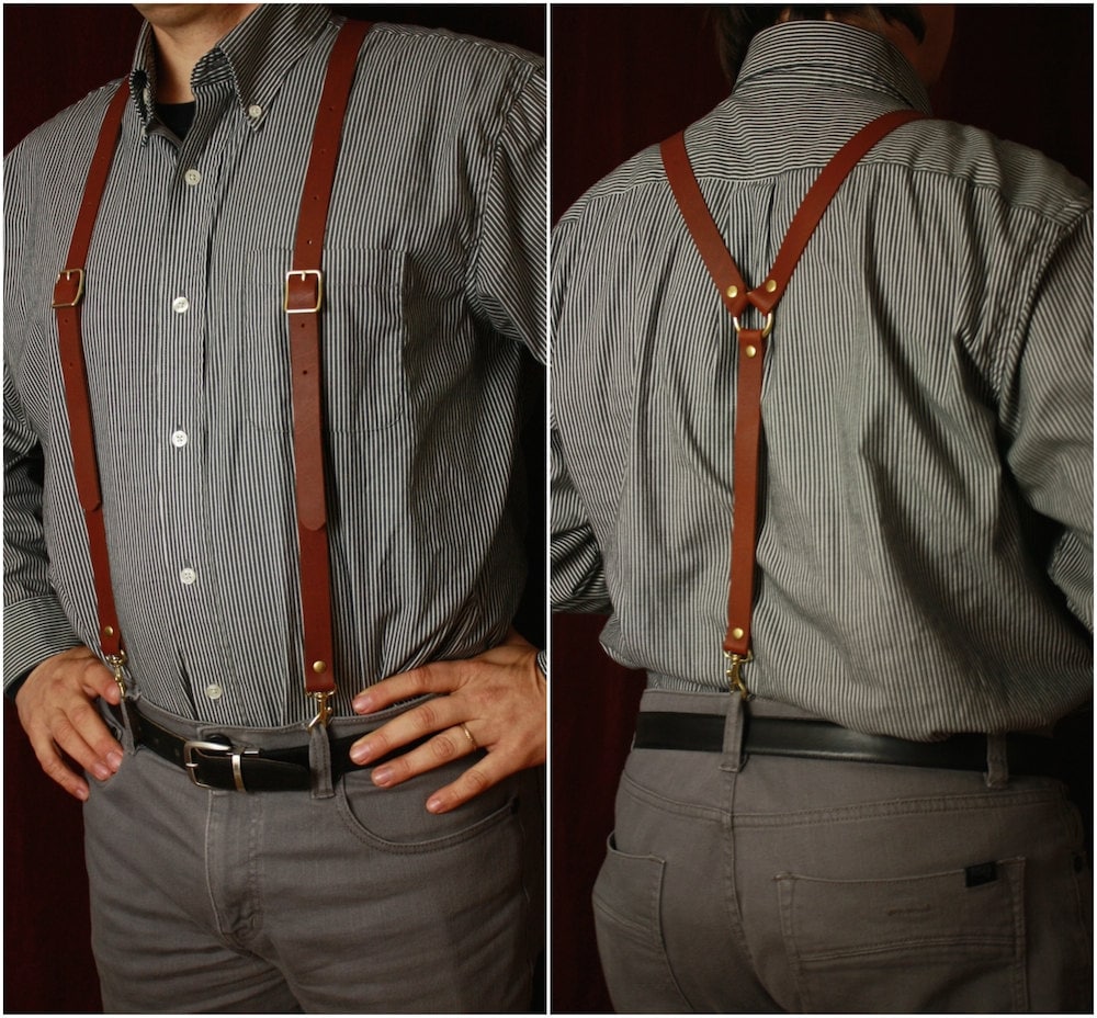 Leather Suspenders- men's brown black steampunk Y back- unisex