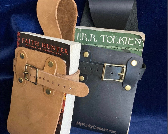 Featured listing image: Book holster, cottage core, leather scrap book cover, Belt scabbard paperback, trade paperback books, Renfest, RenFaire, Reader artist gift