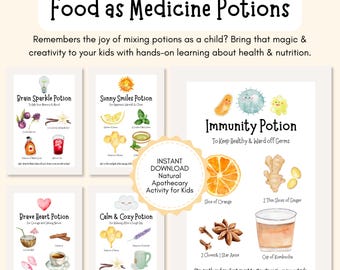 May include: Five colorful printable posters with watercolor illustrations of food and drinks. Each poster has a title, such as "Brain Sparkle Potion" and "Immunity Potion". The posters are part of a natural apothecary activity for kids.