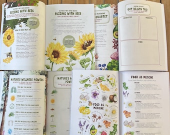 May include: An open educational book featuring colorful illustrations of bees, sunflowers, and various plants. Pages include text titled Buzzing with Bees, Gut Health Trio, Nature's Wellness Powers, and Food as Medicine with diagrams and lists.