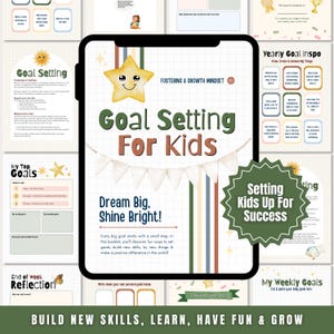 May include: A digital planner titled "Goal Setting For Kids" with a star graphic and the text "Dream Big, Shine Bright!". The planner includes sections for goal setting, weekly goals, and reflections, designed to help children build new skills.