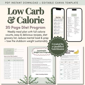 Régime alimentaire faible en glucides et en calories | Liste des régimes alimentaires d'épicerie | Guide de perte de poids | planificateur de repas sains, liste d'achats sains | PDF imprimable