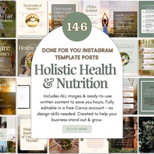 Puede incluir: Un conjunto de plantillas de Instagram para la salud holística y la nutrición. El diseño incluye varias imágenes con texto como "Los beneficios de la vitamina D" y "3 formas de reiniciar". Las plantillas son totalmente editables en Canva.