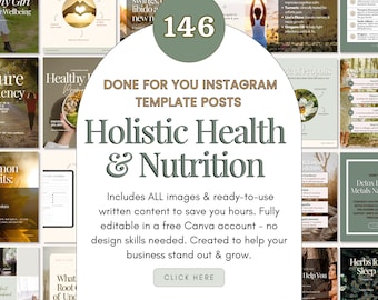146 Holistic Health, Wellness & Nutrition DFY Instagram Template Posts, Health Coach Content, Canva Social Media Bundle (Digital Download)