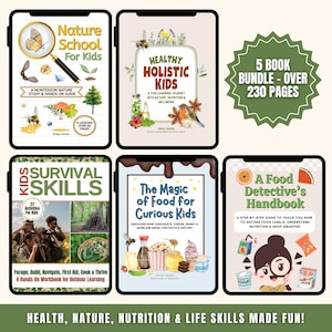 Può includere: Una collezione di cinque libri educativi per bambini, visualizzati su tablet. I titoli includono "Nature School", "Healthy Holistic Kids", "Survival Skills", "The Magic of Food" e "A Food Detective's Handbook". I libri trattano argomenti come la natura, la nutrizione e le abilità di vita.