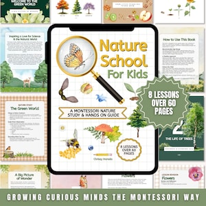 Op de afbeelding: Een digitale tablet toont de omslag van een educatief kinderboek, "Nature School For Kids". De omslag toont een vlinder door een vergrootglas, met illustraties van planten en insecten. Het boek is een Montessori-natuurstudiegids met 8 lessen over 60 pagina's.