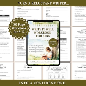 Könnte beinhalten: Ein 80-seitiges Lernarbeitsheft mit dem Titel Write It Well Workbook for Kids, das ein Titelbild eines Kindes zeigt, das unter einem Baum in ein Notizbuch schreibt, umgeben von mehreren Beispielseiten mit Lektionen zu Satzbau und Wortarten.