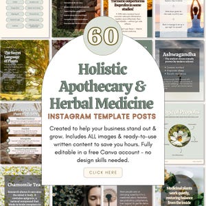 May include: A promotional image for Instagram templates. The design features a central circular graphic with the number 60, surrounded by text that reads "Holistic Apothecary & Herbal Medicine." The image includes various health and wellness-related graphics.
