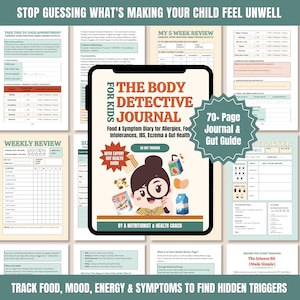 Könnte beinhalten: Ein digitales Journal mit dem Titel "The Body Detective Journal" für Kinder, das zur Verfolgung von Ernährung, Stimmung, Energie und Symptomen dient. Das Journal enthält einen 70+-seitigen Leitfaden und einen 35-Tage-Tracker. Das Cover zeigt eine Cartoon-Illustration.