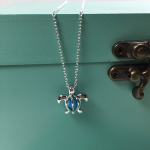 Könnte beinhalten: Eine silberfarbene Schildpatt-Anhänger-Halskette mit blauem Mittelteil. Der Schildpatt-Anhänger hängt an einer filigranen Silberkette. Die Halskette wird auf einer teal-farbenen Holzkiste präsentiert.