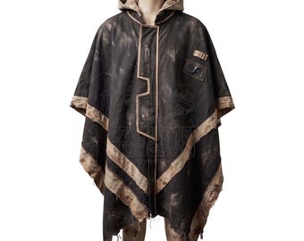 Poncho à capuche effet vieilli | Cape de survivant post-apocalyptique, cape de cosplay en toile Cape des terres désolées