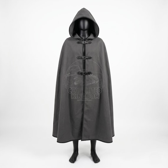 Grey Hooded Canvas Cloak | Leather Buckle Ranger Cape | Medieval Fantasy Mantle | LARP Cosplay Costume | Renaissance Faire Winter Coat