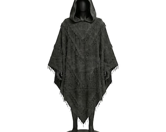 Poncho de lona negra desgastada postapocalíptica / Capa con capucha y flecos con panel en V, capa para cosplay de ciencia ficción