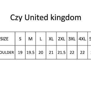 Puede incluir: Tabla de tallas sobre fondo blanco, con el texto "Czy United kingdom" en la parte superior. La tabla muestra tallas de S a 5XL, con medidas de hombros en cent&iacute;metros, que van de 48,3 a 55,9 cm.