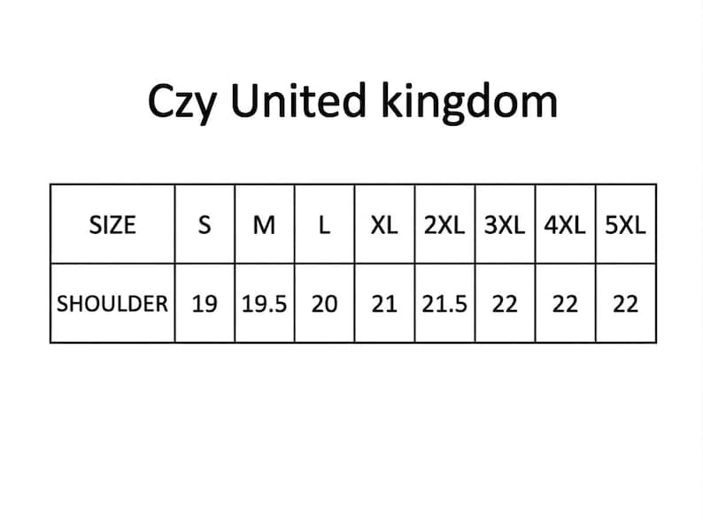 Puede incluir: Tabla de tallas sobre fondo blanco, con el texto "Czy United kingdom" en la parte superior. La tabla muestra tallas de S a 5XL, con medidas de hombros en cent&iacute;metros, que van de 48,3 a 55,9 cm.