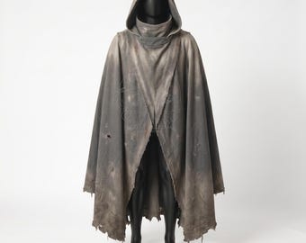 Post-Apocalyptic Wasteland Cowl Hood Cape | Distressed Cloak, Dystopian NOMAD Shawl, Frayed Cyberpunk Poncho, Wasteland Larp Gear