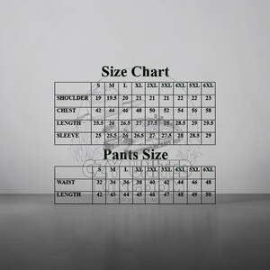 May include: A size chart for bespoke costumes, featuring measurements for shoulders, chest, length, and sleeves. The chart also includes pants sizes for waist and length, with sizes ranging from S to 6XL.