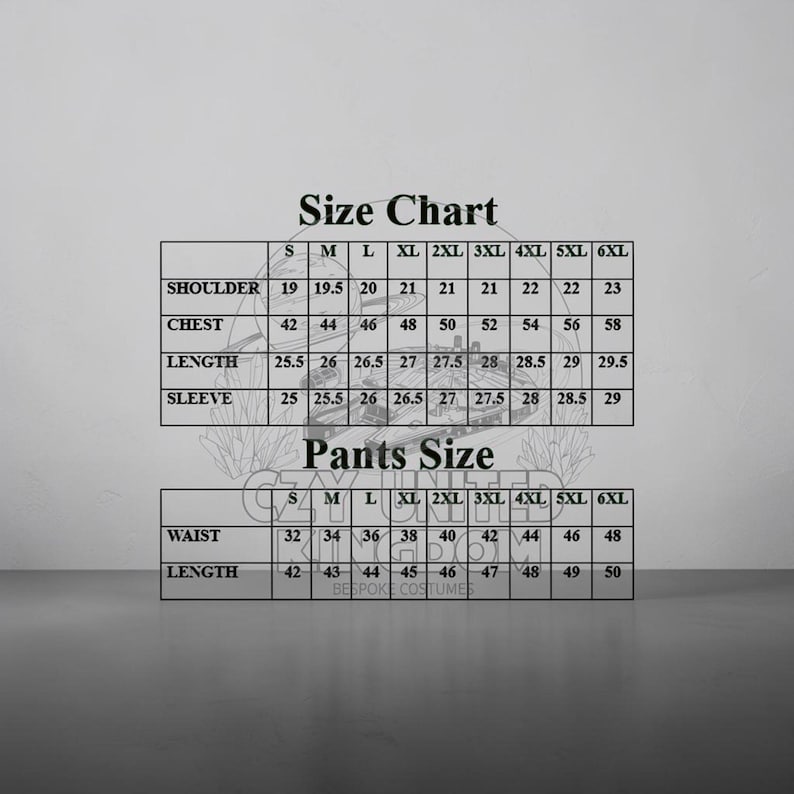 May include: A size chart for bespoke costumes, featuring measurements for shoulders, chest, length, and sleeves. The chart also includes pants sizes for waist and length, with sizes ranging from S to 6XL.