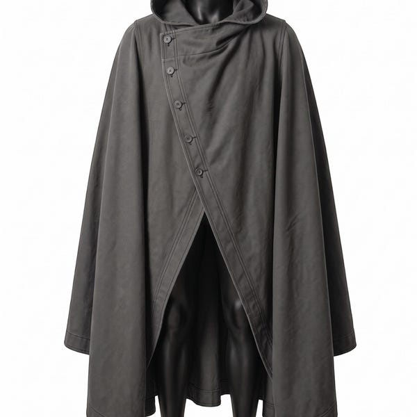 Dark Grey Hooded Cloak | Asymmetrical Cotton Canvas Cape | Dystopian Mantle | Gothic Poncho for Men & Women | LARP  Cosplay Costume