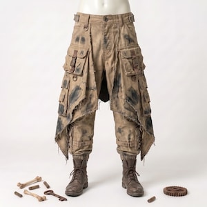 Könnte beinhalten: Beigefarbene Cargohose mit Used-Look und dunklen Flecken, ausgestattet mit mehreren Utility-Taschen mit Schnallenverschlüssen, D-Ringen und ausgefransten asymmetrischen Saumpaneelen. Die Hose wird mit braunen Schnürstiefeln, Knochen und einem Zahnrad kombiniert.