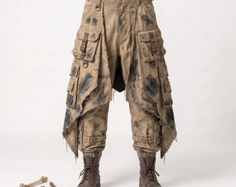 Post Apocalyptic Distressed Canvas Cargo Pants | Wasteland Scavenger Cosplay | Asymmetrical Techwear Trousers | Cyberpunk Grunge Clothing