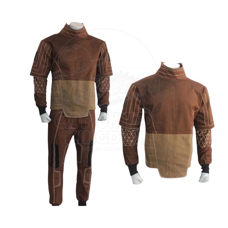 May include: Brown costume with a high collar, long sleeves, and matching pants. The costume features tan accents on the chest and waist, with white geometric stitching. The sleeves have a patterned design, and the pants have black patches.