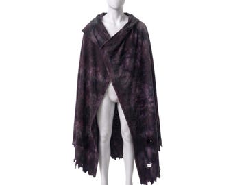Hand-Distressed Hooded Cloak – Black Tie-Dye Canvas Poncho, Wasteland Cosplay, Gothic Streetwear Post Apocalyptic Cloak