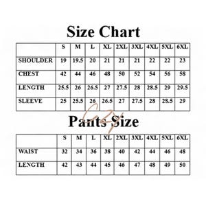 May include: A size chart for clothing, with measurements for shoulder, chest, length, and sleeve. The chart includes sizes from S to 6XL. A second chart shows pants sizes, including waist and length measurements.