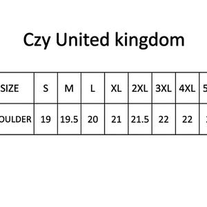 May include: A black and white size chart titled Czy United kingdom. The table lists sizes from S to 5XL in the top row and corresponding shoulder measurements ranging from 19 to 22 in the bottom row. The text is presented in a clear grid format.