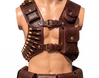 Cinturón utilitario de arnés de pecho de cuero marrón oscuro / Bandolera Steampunk para cosplay de armadura Boba Fett