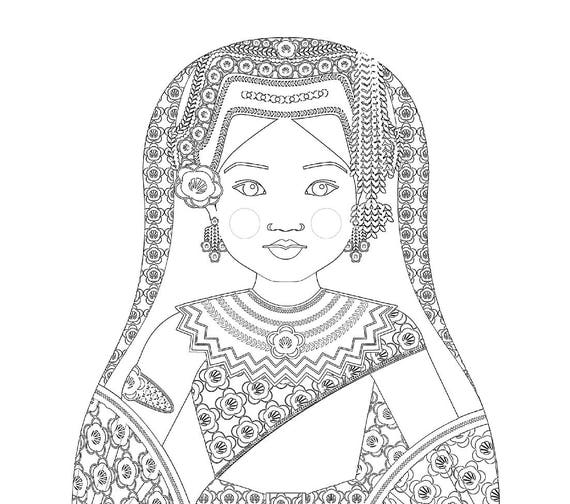 Cambodian dancer coloring sheet printable file, traditional folk dress, matryoshka doll