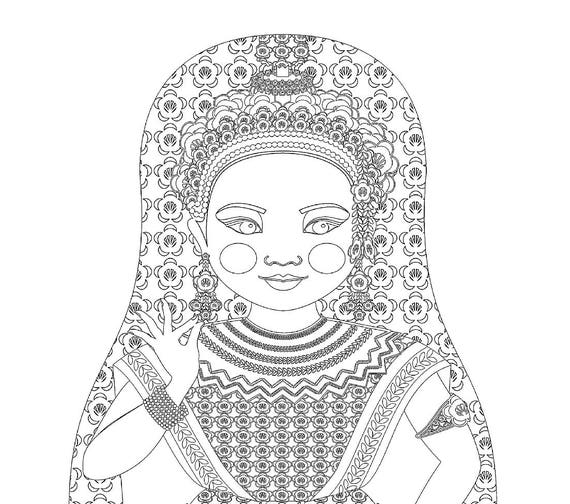 Thai Dancer coloring sheet printable file, traditional folk dress, matryoshka doll