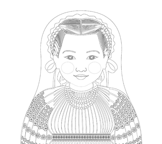 Croatian coloring sheet printable file, traditional folk dress, matryoshka doll