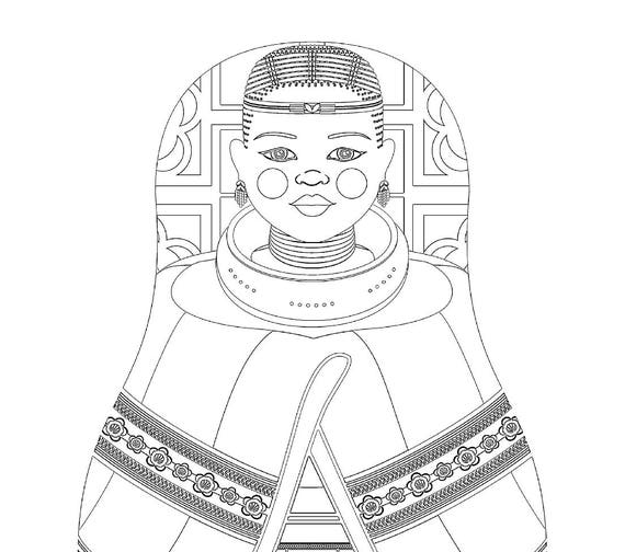 South African, Ndebele coloring sheet printable file, traditional folk dress, matryoshka doll