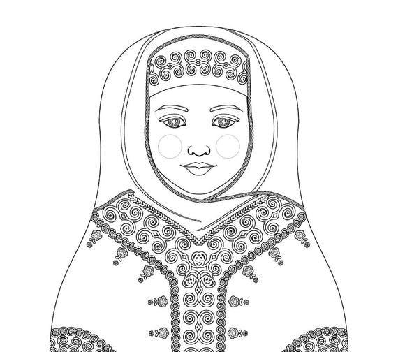 Saudi coloring sheet printable file, traditional folk dress, matryoshka doll