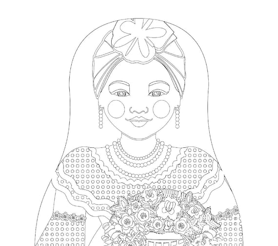 Violet Cuban coloring sheet printable file, traditional folk dress, matryoshka doll