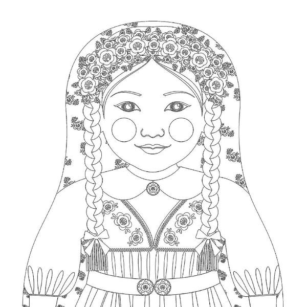 Swede coloring sheet printable file, traditional folk dress, matryoshka doll