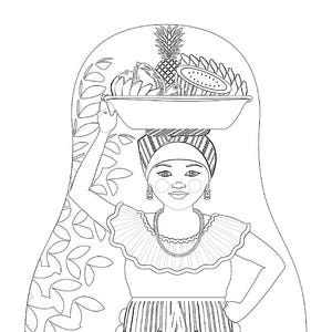 Colombiaanse, Palenquera van Cartagena kleurplaat afdrukbaar bestand, traditionele volkskleding, matryoshkapop