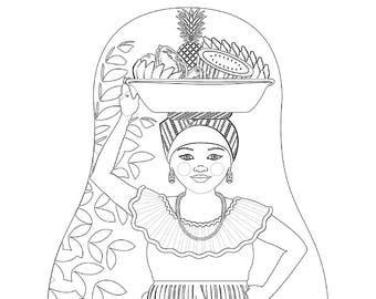 Colombian, Palenquera of Cartagena coloring sheet printable file, traditional folk dress, matryoshka doll